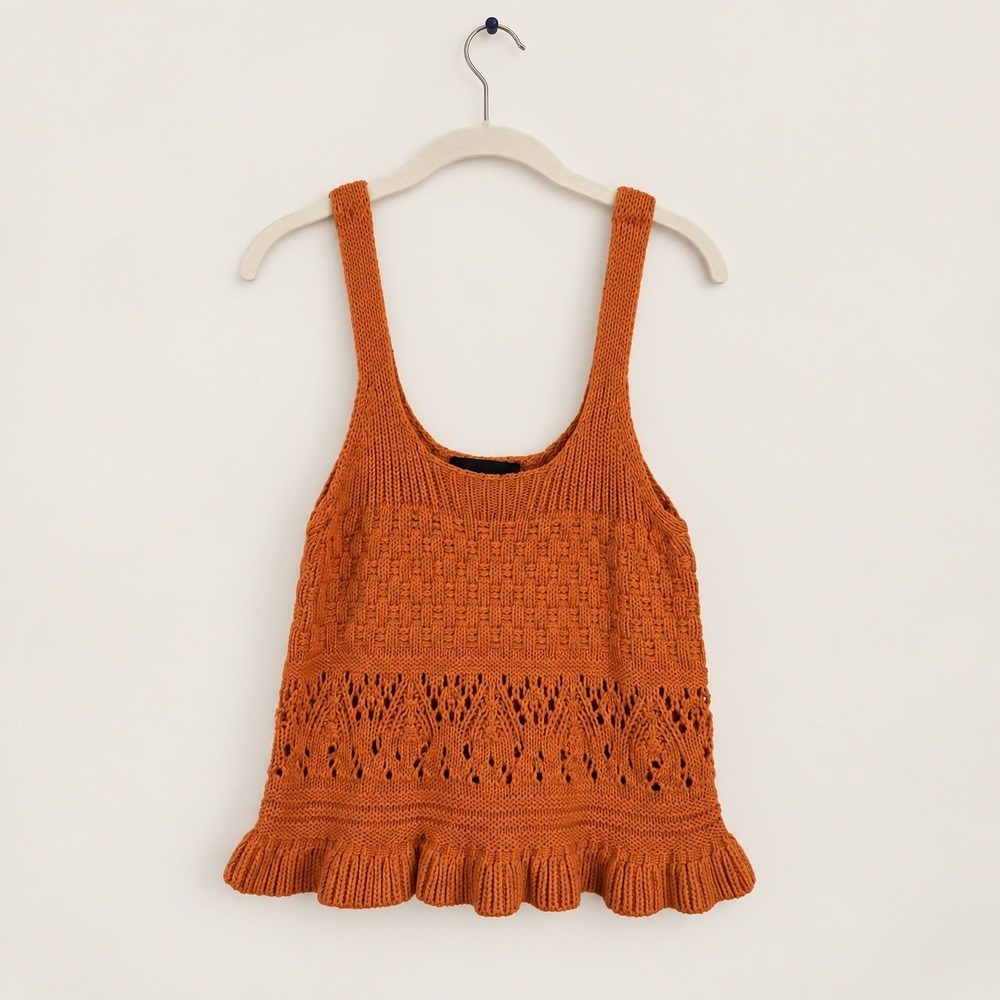 Broadway Burnt Orange Cotton Crochet Knit Ruffle Hem Tank Top Women's M
